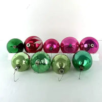 9 Vintage Fuscia and Green Christmas Ornaments -Fluted, Indents, Teardrop, Painted