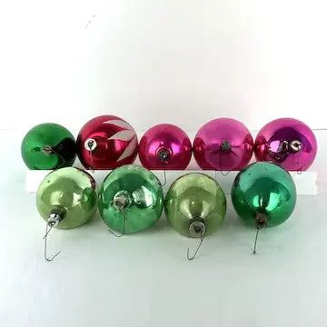 9 Vintage Fuscia and Green Christmas Ornaments -Fluted, Indents, Teardrop, Painted