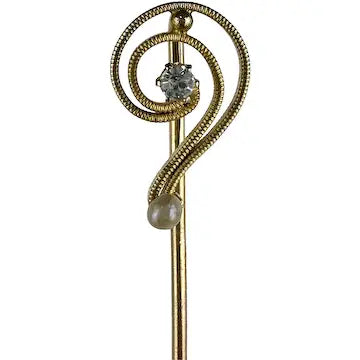 Antique 14k Gold Diamond and Pearl Stick Pin