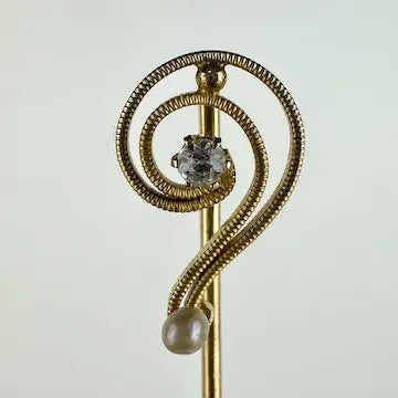 Antique 14k Gold Diamond and Pearl Stick Pin
