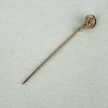 Antique 14k Gold Diamond and Pearl Stick Pin