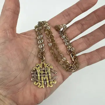 Antique 14k Gold Monogram Pendant Necklace on a Fancy Link Chain