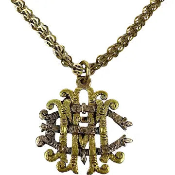 Antique 14k Gold Monogram Pendant Necklace on a Fancy Link Chain