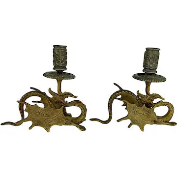 Antique Brass Winged Griffin Candle Holders