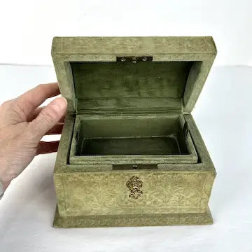Antique Italian Velvet Sewing or Jewelry Box with Locking Key