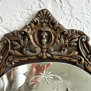 Antique Ornate Carved Wood Etched Mirror