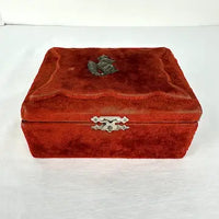 Antique Red Plush Velvet Sewing Box with Applied Squirrel and Bone Tools