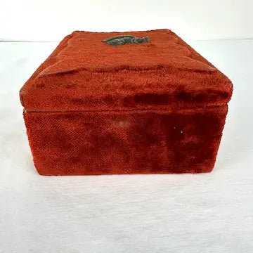Antique Red Plush Velvet Sewing Box with Applied Squirrel and Bone Tools