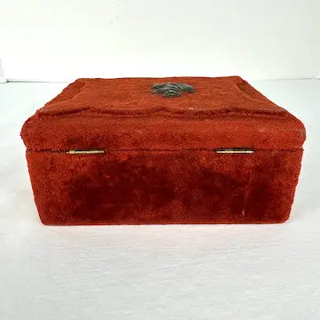Antique Red Plush Velvet Sewing Box with Applied Squirrel and Bone Tools
