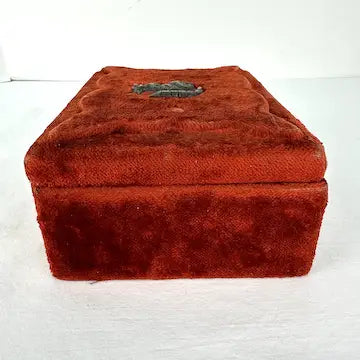 Antique Red Plush Velvet Sewing Box with Applied Squirrel and Bone Tools