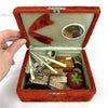 Antique Red Plush Velvet Sewing Box with Applied Squirrel and Bone Tools