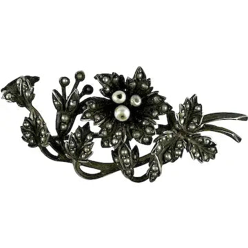 Antique Silver and Seed Pearl Floral Brooch