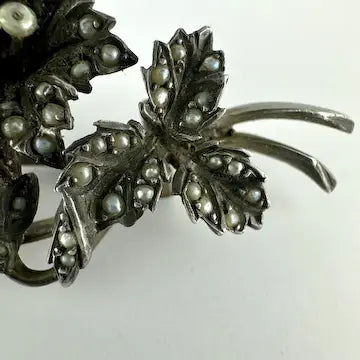 Antique Silver and Seed Pearl Floral Brooch