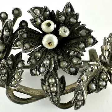 Antique Silver and Seed Pearl Floral Brooch