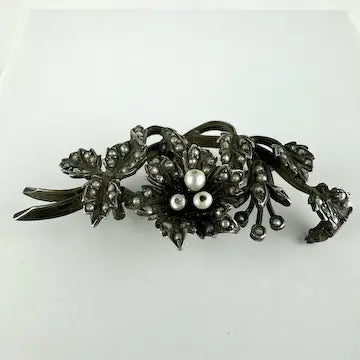 Antique Silver and Seed Pearl Floral Brooch