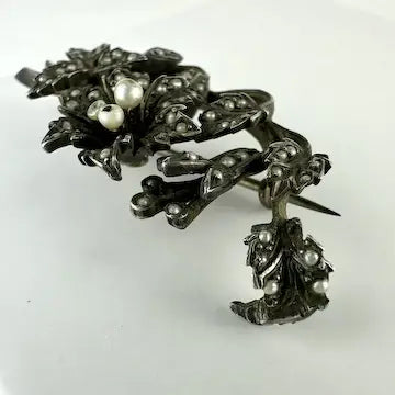 Antique Silver and Seed Pearl Floral Brooch