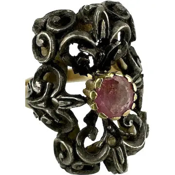 Antique Silver Topped 10k Gold & Tourmaline Ring