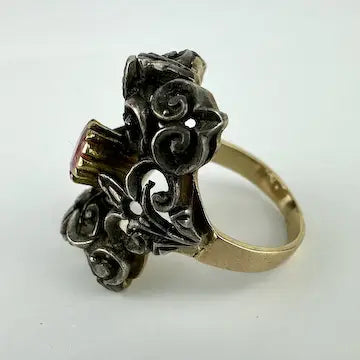 Antique Silver Topped 10k Gold & Tourmaline Ring