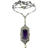 Art Deco 10k White Gold Amethyst Pendant Necklace