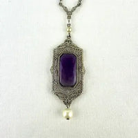 Art Deco 10k White Gold Amethyst Pendant Necklace