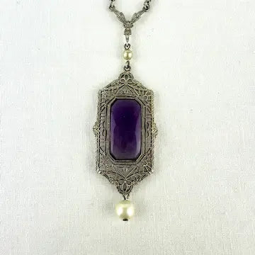 Art Deco 10k White Gold Amethyst Pendant Necklace