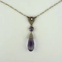 Art Deco 14K Gold Amethyst Pearl Lavalier Necklace