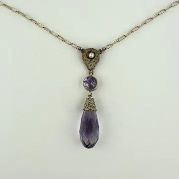 Art Deco 14K Gold Amethyst Pearl Lavalier Necklace
