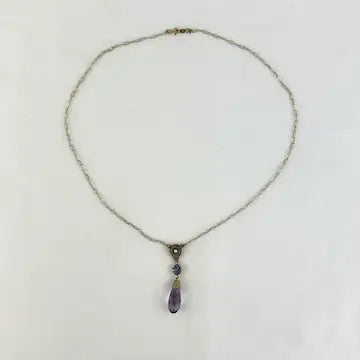 Art Deco 14K Gold Amethyst Pearl Lavalier Necklace