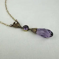 Art Deco 14K Gold Amethyst Pearl Lavalier Necklace