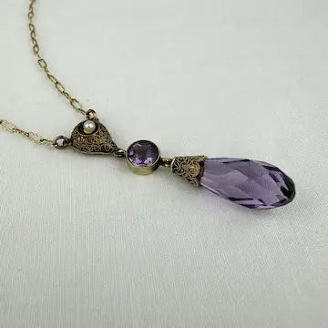 Art Deco 14K Gold Amethyst Pearl Lavalier Necklace