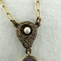 Art Deco 14K Gold Amethyst Pearl Lavalier Necklace