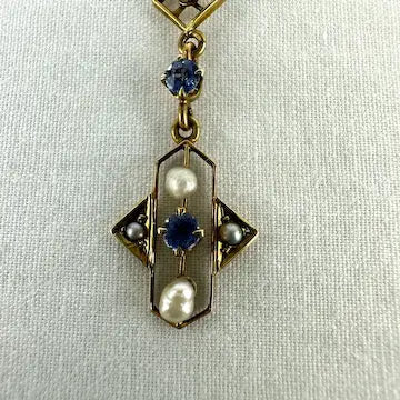 Art Deco 14k Gold Blue Topaz and Pearl Lavalier Pendant