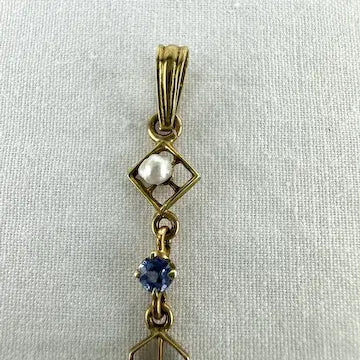 Art Deco 14k Gold Blue Topaz and Pearl Lavalier Pendant