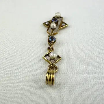 Art Deco 14k Gold Blue Topaz and Pearl Lavalier Pendant