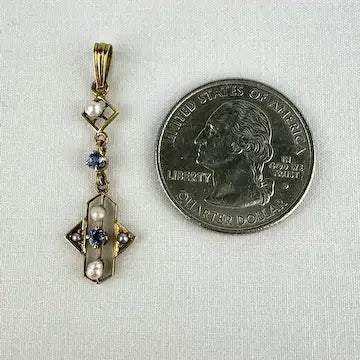 Art Deco 14k Gold Blue Topaz and Pearl Lavalier Pendant