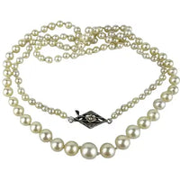 Art Deco Hand knotted Pearl Necklace with 14k White Gold and Diamond Clasp 21.5”
