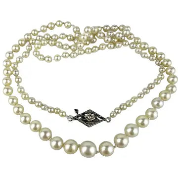 Art Deco Hand knotted Pearl Necklace with 14k White Gold and Diamond Clasp 21.5”