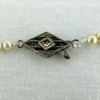 Art Deco Hand knotted Pearl Necklace with 14k White Gold and Diamond Clasp 21.5”