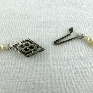 Art Deco Hand knotted Pearl Necklace with 14k White Gold and Diamond Clasp 21.5”