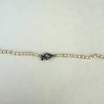 Art Deco Hand knotted Pearl Necklace with 14k White Gold and Diamond Clasp 21.5”