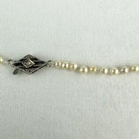 Art Deco Hand knotted Pearl Necklace with 14k White Gold and Diamond Clasp 21.5”