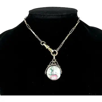 Rare Bilston Enamel Swivel Fob on PMCO Watch Chain Necklace