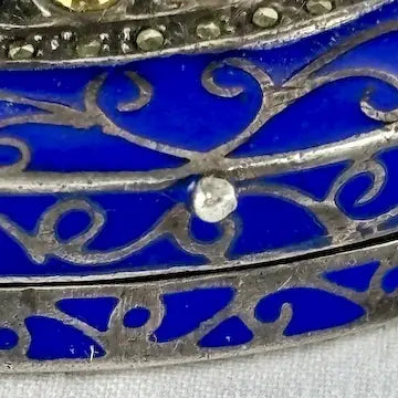 Early 20thC Oval Silver and Gold Enameled Pill Box with Tanzanite Gem