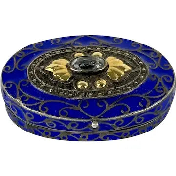 Early 20thC Oval Silver and Gold Enameled Pill Box with Tanzanite Gem