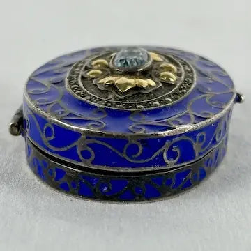 Early 20thC Oval Silver and Gold Enameled Pill Box with Tanzanite Gem