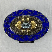 Early 20thC Oval Silver and Gold Enameled Pill Box with Tanzanite Gem