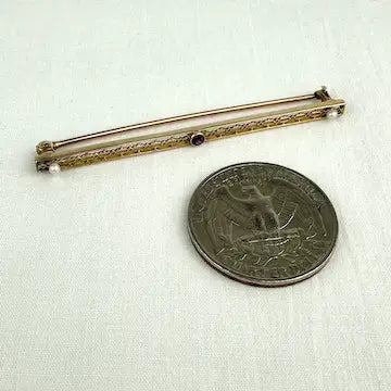 Edwardian 10K Gold and Amethyst and Seed Pearl Bar Pin