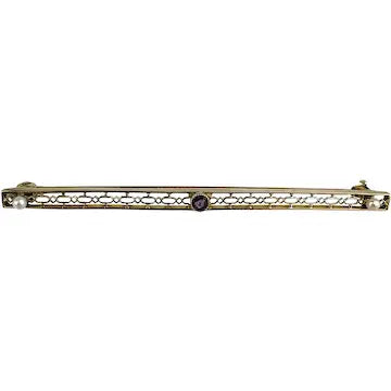 Edwardian 10K Gold and Amethyst and Seed Pearl Bar Pin
