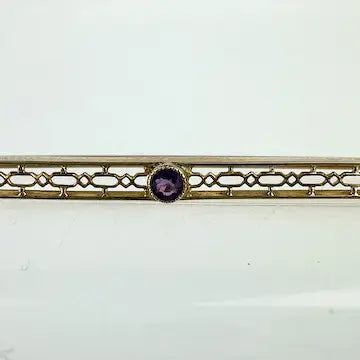 Edwardian 10K Gold and Amethyst and Seed Pearl Bar Pin