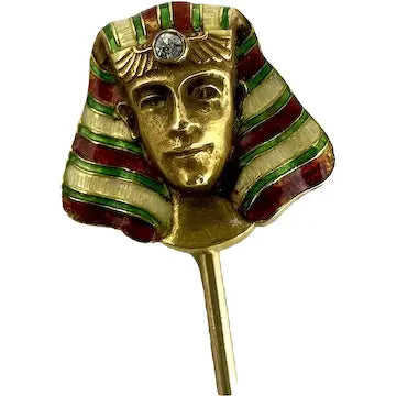 Egyptian Revival 14k Gold Stick Pin with Enamel & Mine Cut Diamond